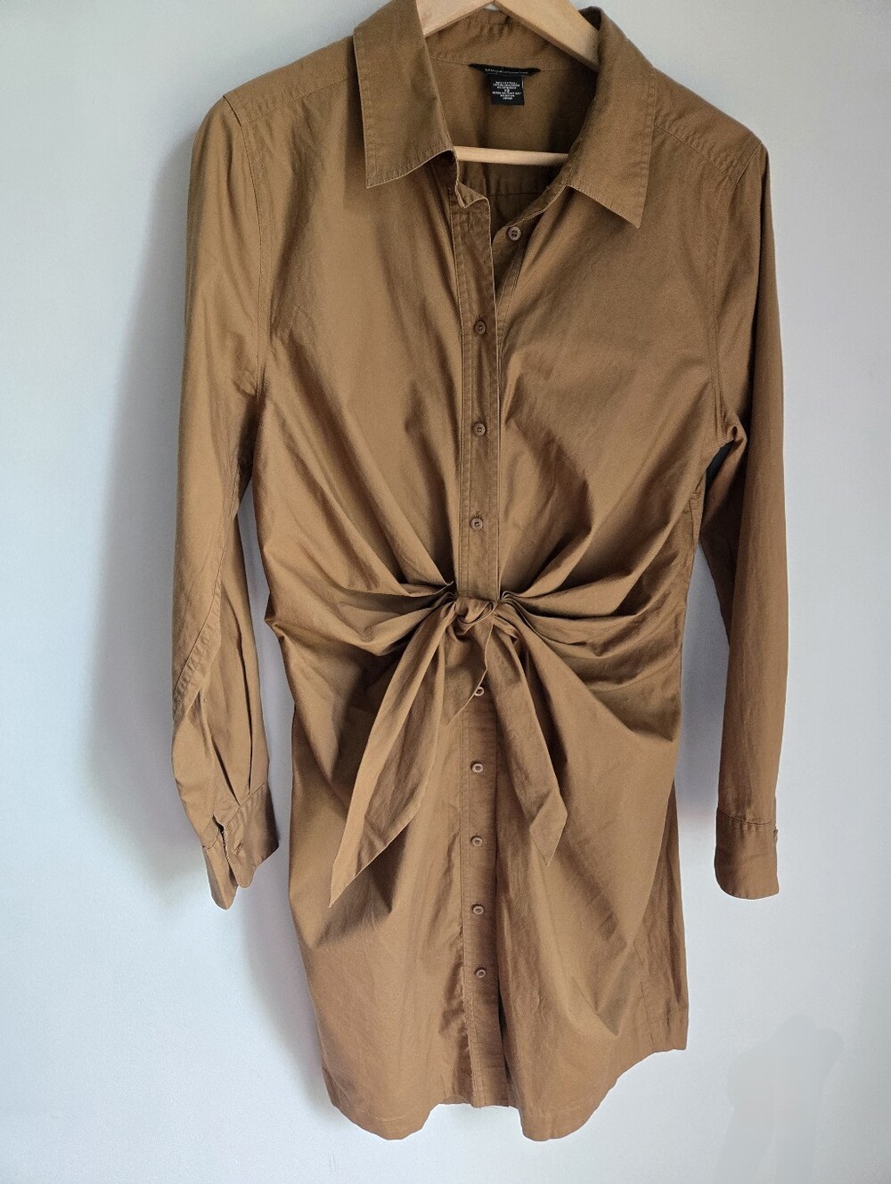 MODA INTERNATIONAL Draped Tie-Front Button Shirt Dress - Caramel Brown